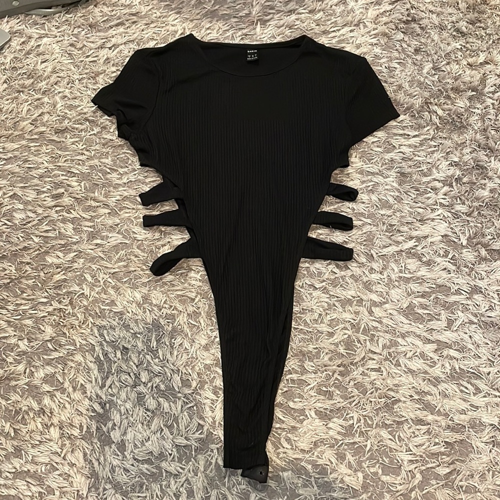 Black high cut cut out short sleeve bodysuit